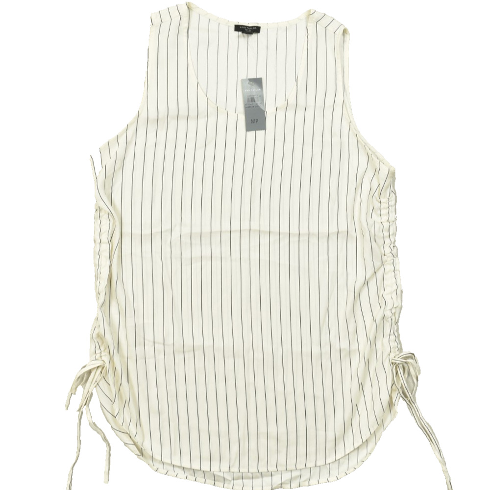 Ann Taylor Petite MP Women Ivory Black Pinstripe Ruched Drawstring Tank Top NWT